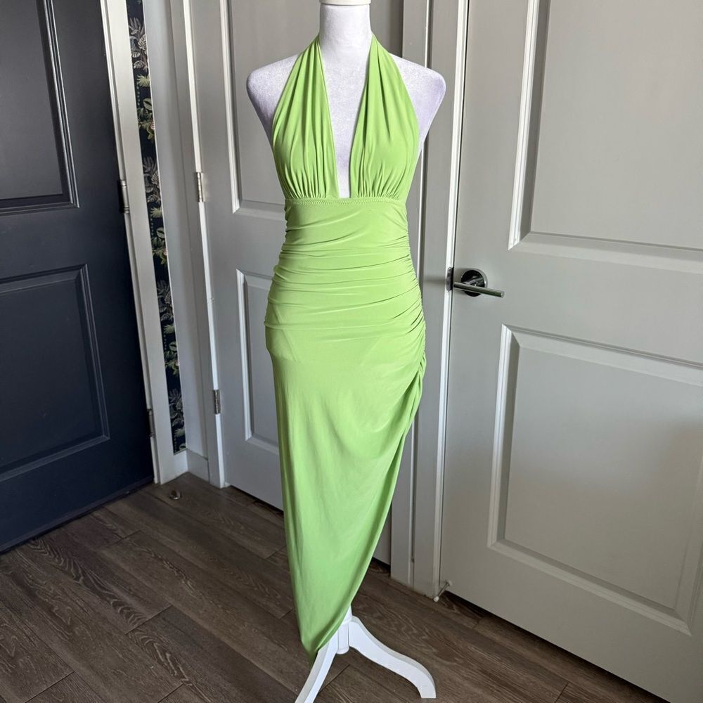 Norma Kamali Asymmetrical Green Halter Dress - Picture 2 of 10